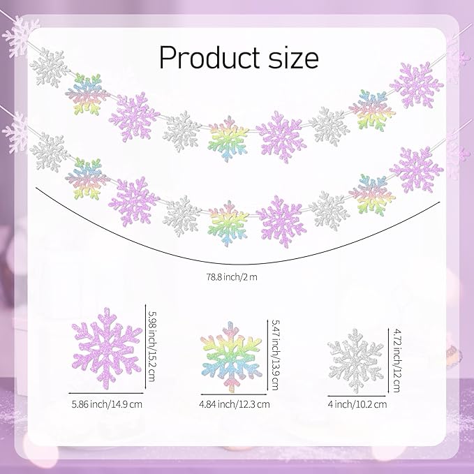2Pack Silver and Purple Snowflake Garland Winter Wondeland Decorations, Glitter Snowflake Banner for Girl/Women Frozen Birthday Party Decorations and Christmas Baby Shower Party Supplies.