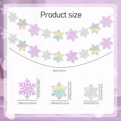 2Pack Silver and Purple Snowflake Garland Winter Wondeland Decorations, Glitter Snowflake Banner for Girl/Women Frozen Birthday Party Decorations and Christmas Baby Shower Party Supplies.