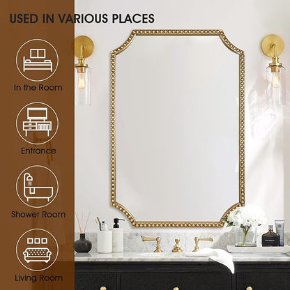 30"x40" Mirror for Wall, Full Scalloped Corners Rectangle Decorative Mirror, Metal Beaded Frame Accent Wall Decor for Bathroom, Entryway, Mantel, Antique Gold