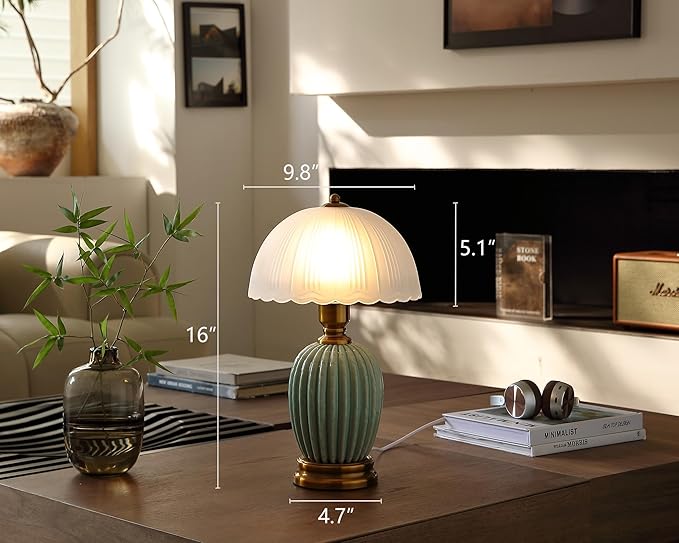 Vintage Lamp for Living Room,16" Modern Ceramic Table Lamps for Bedroom,Retro Bedside Nightstand Traditional Lamps, Classic Chinoiserie Green Lamp for Home Decor (LD003)