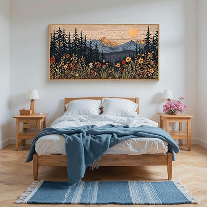 HOURIA Natural Mountain Floral Framed Canvas Wall Art,Modern Sunrise Forest Wall Decor,Boho Wildflower Woodland Landscape Artwork,Wilderness Pine Tree Field Art Print for Living Room,Office-20 x40 x1
