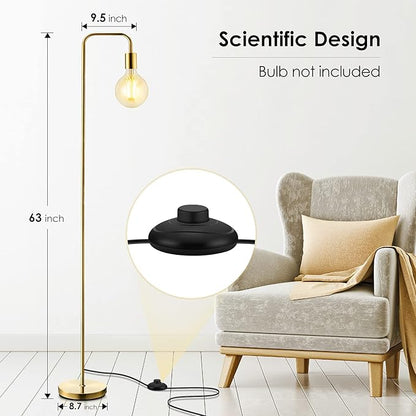 BoostArea Industrial Gold Standing Lamp, 63 Inch, E26 Socket, On/Off Footswitch, ETL Listed, Modern for Bedroom, Living Room, Minimalist, Vintage, Mid-Century, Boho, Metal