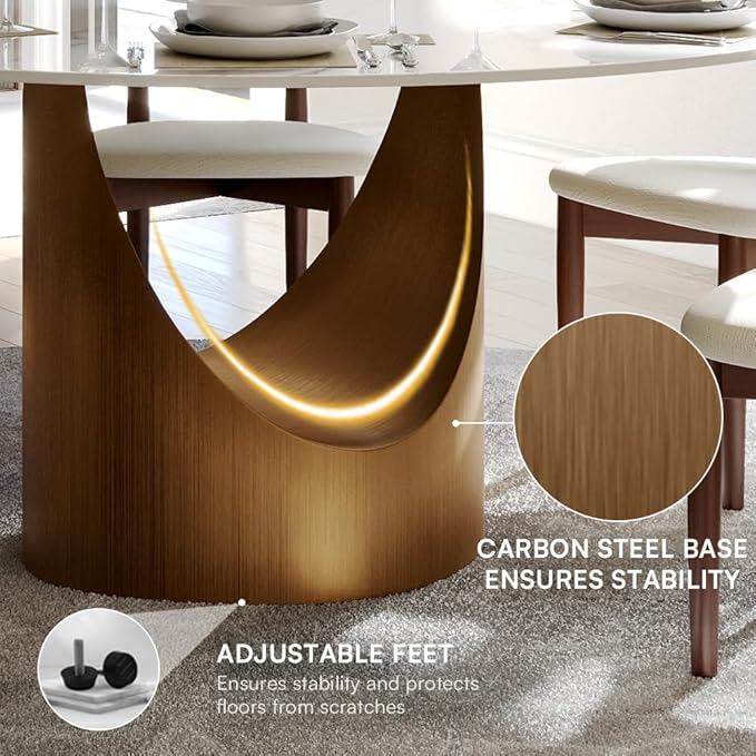 POVISON Round Dining Table with 23" Lazy Susan, 47" Glossy White Sintered Stone Table Topwith Bronze Carbon Steel Pedestal, Modern Circle Dining Table for Kitchen (Table Only)