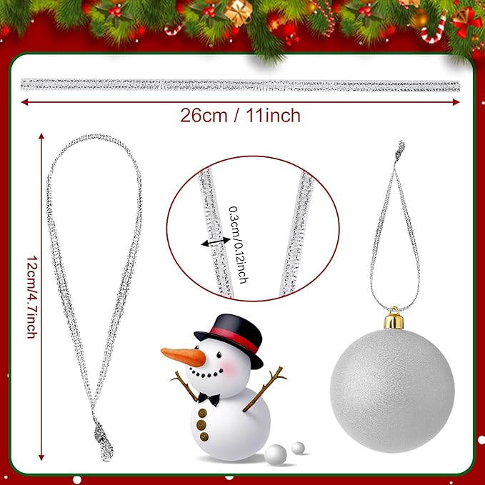 JUNEBRUSHS 300Pcs Christmas Ornament Hangers, Hand Tied String Ties Ornament Loops Thin Ribbon for Ornaments Christmas Tree Hanging Decorations (Silver)