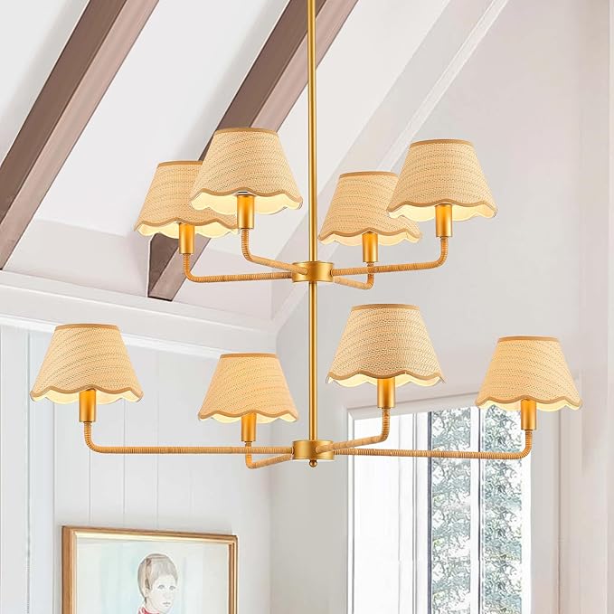 2-Layers Boho Rattan Chandelier 8-Lights Rustic Industrial Pendant Light Large Adjustable Pendant Lighting Fixtures for Kitchen Island Dining Living Room, Dia 41”, UL Listed