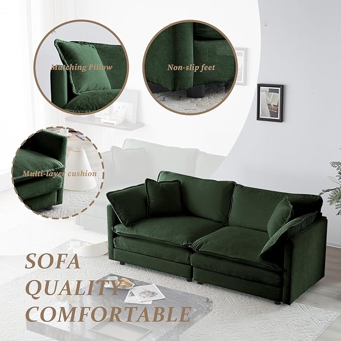 SoarFlash Chenille Sectional Sofa, Comfy Modular Loveseat Sofa, Modern 2-Seat Couch Deep Seat Sofa Set for Living Room,Green
