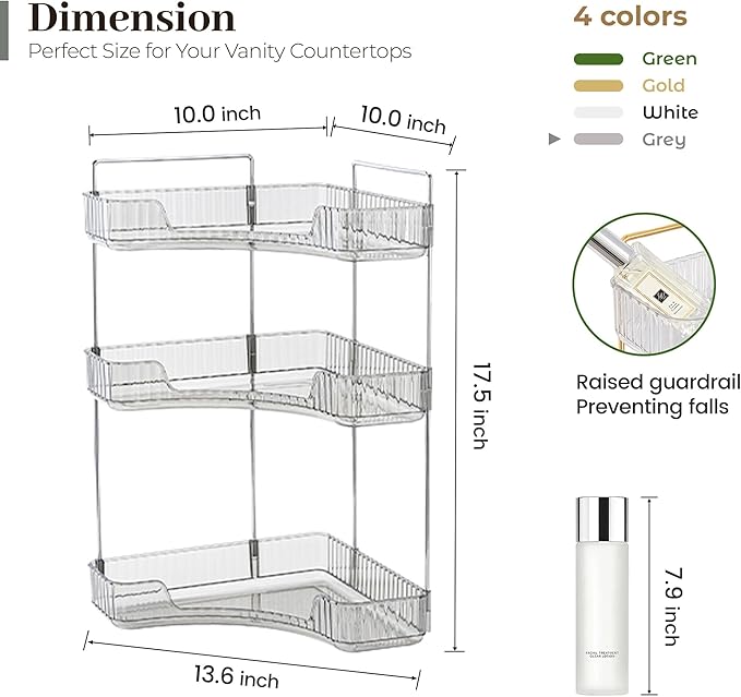 Aveniee Corner Bathroom Counter Organizer, Bathroom Countertop Shelf Makeup Organizer for Vanity Perfume Corner Storage (3 Tiers, Grey)