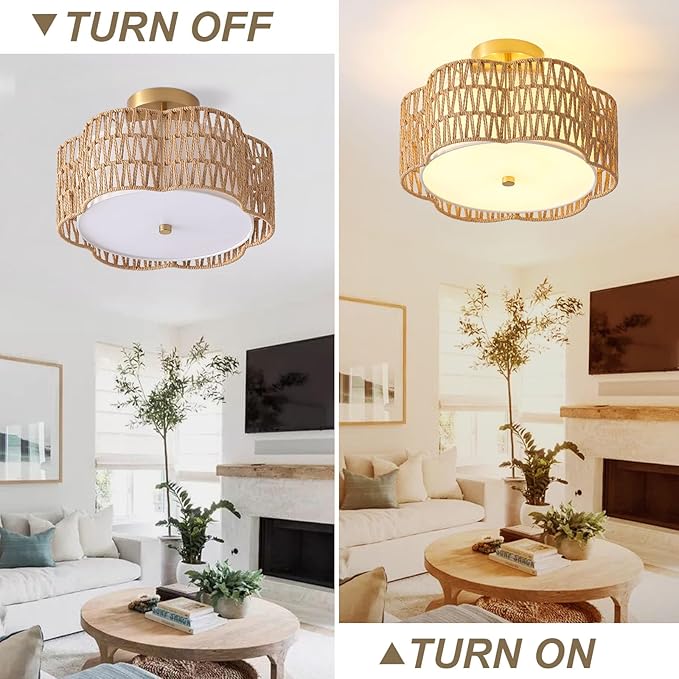 13.6" Boho Light Fixtures Flush Mount, 3-Light Rattan Ceiling Light Fixtures Flush Mount Gold for Bedroom, Flower-Shaped Close to Ceiling Light Fixture for Hallway Kitchen Dining Room(Yellow)
