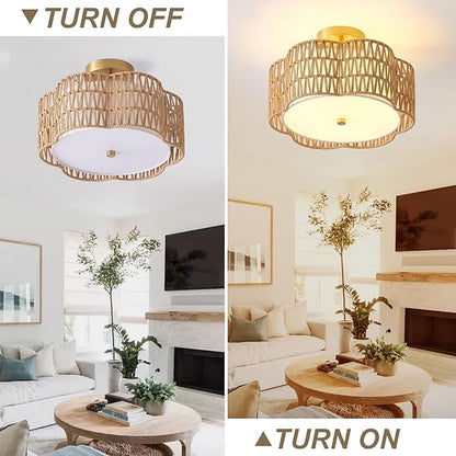 13.6" Boho Light Fixtures Flush Mount, 3-Light Rattan Ceiling Light Fixtures Flush Mount Gold for Bedroom, Flower-Shaped Close to Ceiling Light Fixture for Hallway Kitchen Dining Room(Yellow)
