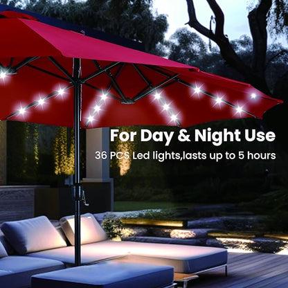 PHI VILLA 15ft Large Patio Umbrellas with 36 LED Solar Lights, Double-Sided Outdoor Market Rectangle Umbrellas, Base (Stand) Included, Dark Red