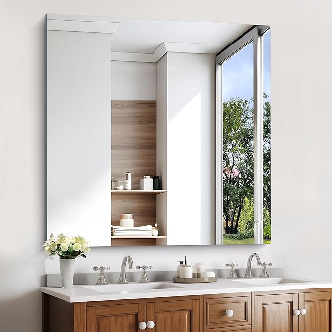 KOCUUY Large Frameless Mirror, 42x42 Inch Square Bathroom Vanity Mirror for Over Sink, Upgraded Shatterproof Unframed Design for Bedroom, Living Room, Entryway