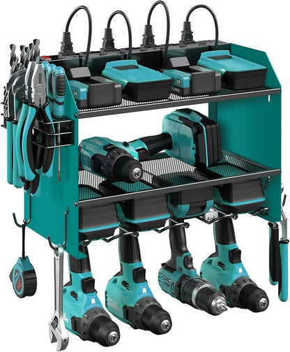 CCCEI Set Power Tool Organizer Wall Mount with Charging Station. Garage 4 Drill Storage Shelf with Hooks, Heavy Duty Metal Tool Battery Charger Organizer. Shop Utility Rack with Power Strip Navy Blue.