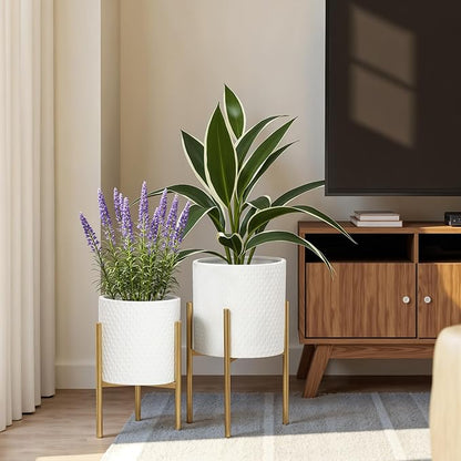 LuxenHome Planters for Indoor Plants, Set of 2 Indoor Plant Pots, White Planter with Gold Metal Stand, Luxury Flower Pots for Plants, Large Floor Plant Pot, NOT Waterproof