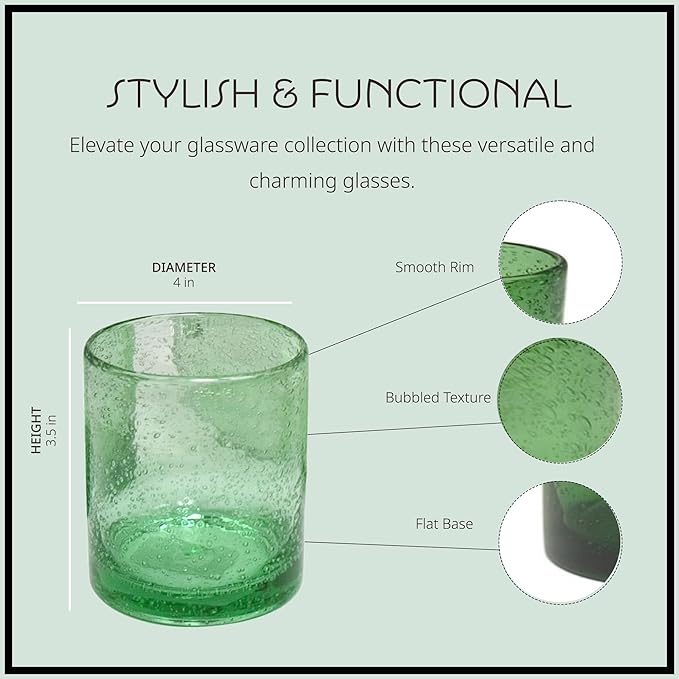 Artland 14oz Double Old Fashion Glass, Set of 4 | Iris Seeded Design, Green | Drinking Glass for Parties and Everyday Use - Mojito, Whiskey, Cocktail | Glassware & Barware Essentials