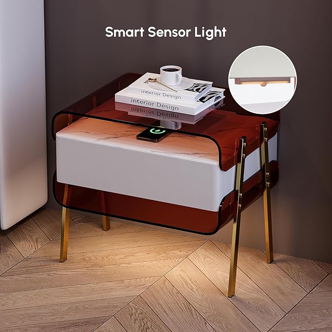 homary Modern Lighted Nightstand with Wireless Charging Station, Acrylic Shelves and Motion Sensor LED – Smart Bedside Table with Leather Drawer and Stainless Steel Legs