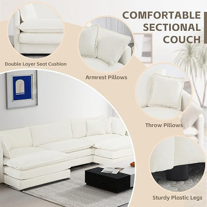 SoarFlash Chenille Sectional Sofa, Comfy L Shaped Modular Coush Sofa with Ottoman, Modern 3 Seat Couch Deep Seat Sofa Set for Living Room,White