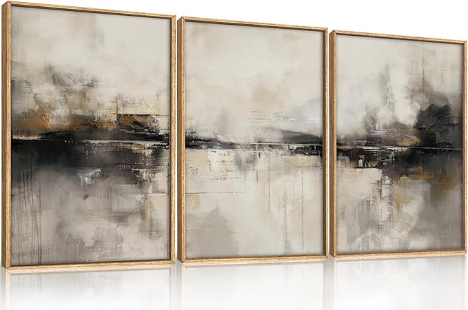 HOURIA Large Neutral Black Brown Framed Canvas Wall Art Set,Abstract Gray Wall Decor,Minimalist Beige Wall Painting,Modern Illustrations Tan Art Print for Living Room, Bedroom, Office- 24"x36"x3