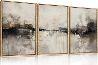 HOURIA Large Neutral Black Brown Framed Canvas Wall Art Set,Abstract Gray Wall Decor,Minimalist Beige Wall Painting,Modern Illustrations Tan Art Print for Living Room, Bedroom, Office- 24"x36"x3