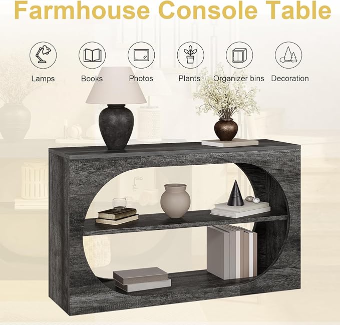 Console Table, 55-Inch Entryway Table with Storage 3-Tier Farmhouse Narrow Sofa Table Wood Foyer Table for Entryway, Hallway, Living Room, Office (Grey Oak, 55 inch)