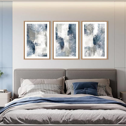 HOURIA Abstract Navy Blue Gray Framed Canvas Wall Art Set,Neutral White Brush Stroke Wall Decor,Minimalist Color Block Shapes Artwork,Modern Pastel Prints for Living Room,Bedroom,Farmhouse- 16"x24"x3
