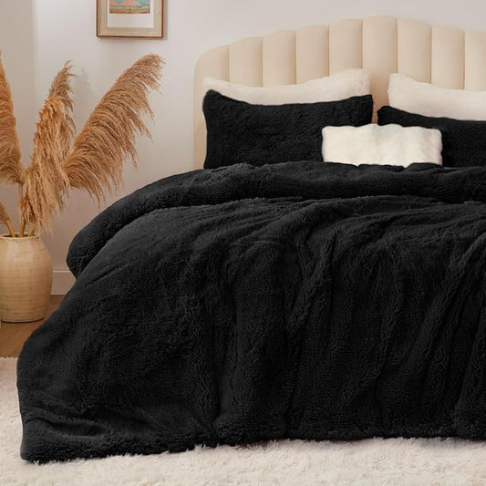 BEDELITE Black Fluffy Comforter Set Twin Size, Fuzzy Faux Fur Comforter Bedding Set, 2Pieces Soft Warm Shaggy Bed Set (1 Comforter & 1 Pillowcase) as Gifts for Women