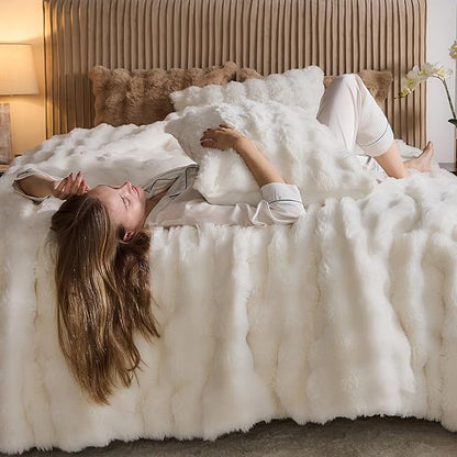 Lotus Karen Faux Fur Full Comforter Set – Cream White Fluffy Comforter Full Size, Big Bubble Faux Rabbit Fur Bedding Comforter Sets, Warm Cozy Fuzzy Bed Set 3 Pieces, 1 Comforter and 2 Pillowcases