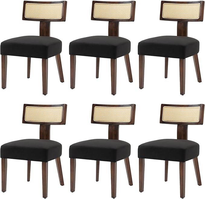 Upholstered Rattan Dining Chairs Set of 6, Mid-Century Modern Fabric Dining Room Chairs with Brown Hardwood Frame, Curved Backrest Kitchen Chairs for Living Room (Black)