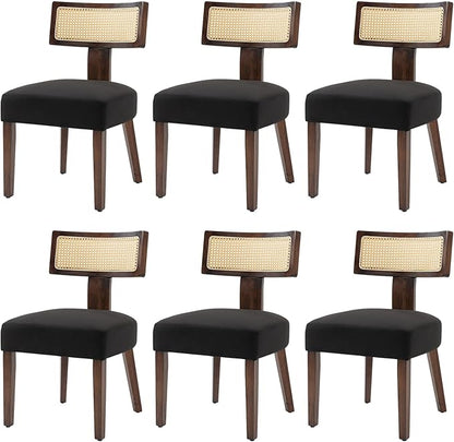 Upholstered Rattan Dining Chairs Set of 6, Mid-Century Modern Fabric Dining Room Chairs with Brown Hardwood Frame, Curved Backrest Kitchen Chairs for Living Room (Black)