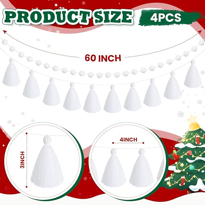 Syhood 4 Pcs Thanksgiving Christmas Pom Pom Tassel Garland Fall Felt Ball Banner Decorative Colorful Pompom Garland for Thanksgiving Autumn Xmas Theme Party Classroom Home Decor(White Color)