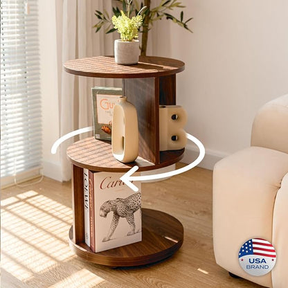 KAYMILY Round End Tables, Mid Century Modern 3 Tier Side Table for Living Room, Bedroom, Office, 25" Tall Accent Nightstand with Open Storage Shelves, Easy Assembly, MDF Wood - Rotating - Walnut