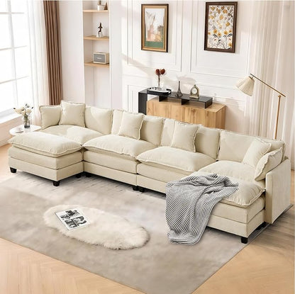 SoarFlash 143.2" Chenille Sectional Sofa, Comfy U Shaped Modular Coush Sofa with Ottoman, Modern 4 Seat Couch Deep Seat Sofa Set for Living Room,Beige
