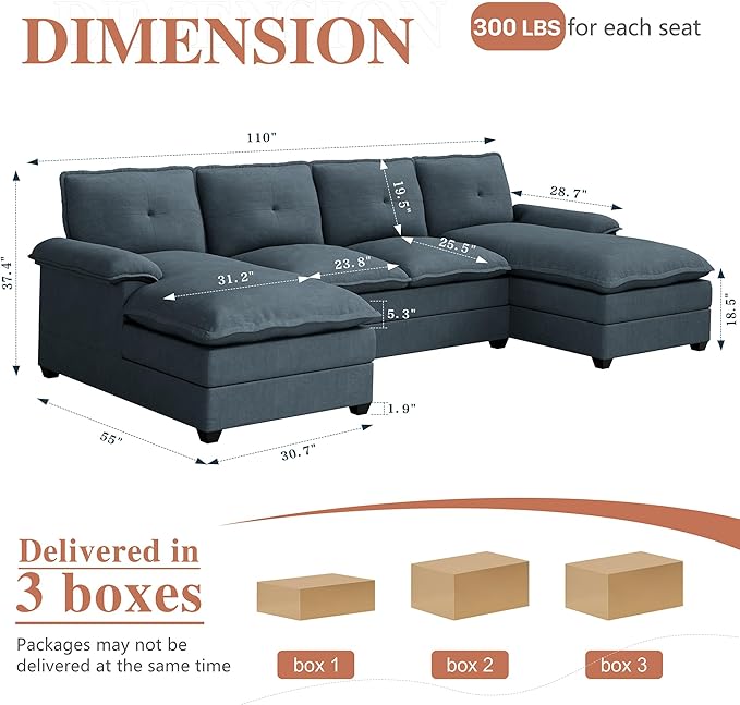 Meilocar U Shaped Sectional Sofa 110" 4 Seat Large Cloud Couch with Wide Chaise Double Cushions, Grey