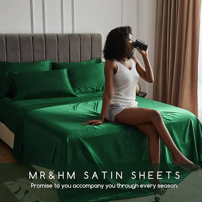 MR&HM Satin Bed Sheets, King Size Sheets Set, 4 Pcs Silky Bedding Set with 15 Inches Deep Pocket for Mattress (King, Dark Green)