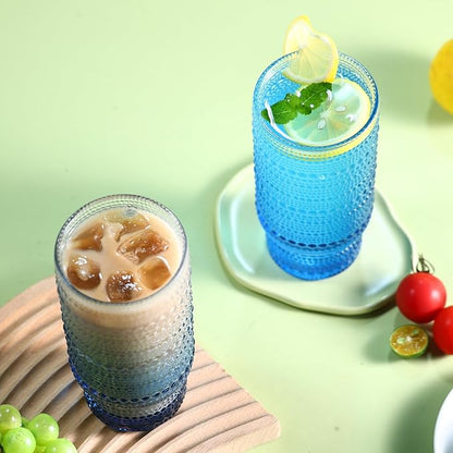 6pcs Hobnail Drinking Glasses Set, 16 oz Vintage Glassware Drinking Glasses, Gradual Blue Water Glasses Tumbler, Cups for Kitchen, Juice, Beer, Cocktail, Whiskey