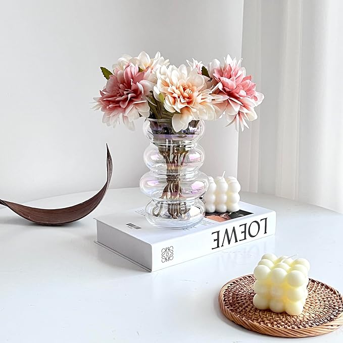 BLOFLO Transparent Glass Hydroponic Flower Vase, 7-Inch Iridescent Clear Glass Vase, Four-Layer Geometric Glass Floral Vase for Home Décor, Modern Bubble Glass Vase for Home Office Wedding Table