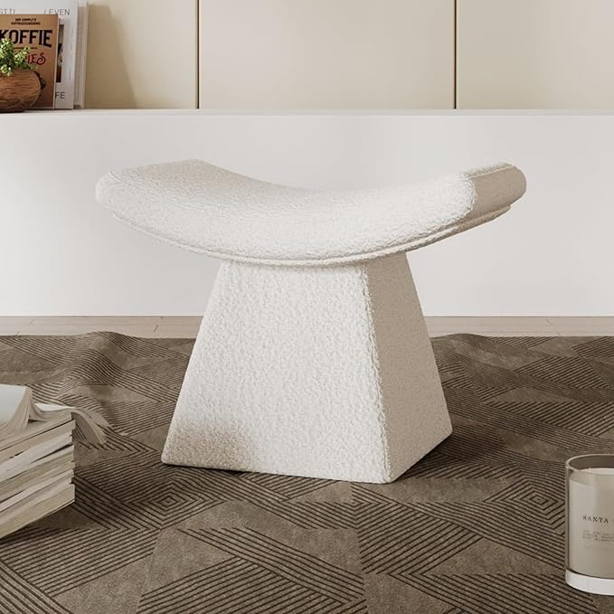 homary Vanity Chair Boucle Curve Ottoman, Plush Upholstered Foot Stool for Lving Room, High-Resilience Foam Chair for Bedroom, Stool Short for Entryways (Gray)