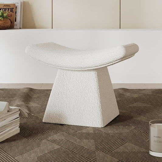 homary Vanity Chair Boucle Curve Ottoman, Plush Upholstered Foot Stool for Lving Room, High-Resilience Foam Chair for Bedroom, Stool Short for Entryways (Gray)