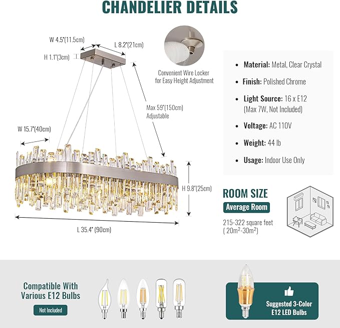 Siljoy 16-Light Modern Crystal Chandelier, Luxury Rectangular 2-Tier Crystal Raindrop Chandelier, Brushed Nickel Oval Pendant Ceiling Light Fixture for Dining Room Kitchen Island Bar L35.4''