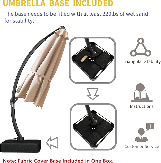 Kingdura 12ft Offset Cantilever Patio Umbrella with Base Included, Large Round Aluminum Outdoor Umbrella, 360° Rotation & Infinite Tilt, Heavy Duty Frame for Deck Pool Backyard, Beige