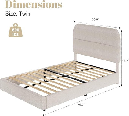 Twin Size Boucle Bed Frame, Upholstered with Headboard, Twin for Kids, Thickened Footboard/Rounded Corners/Adjustable Headboard/No Box Spring Needed/Easy Assembly, Beige