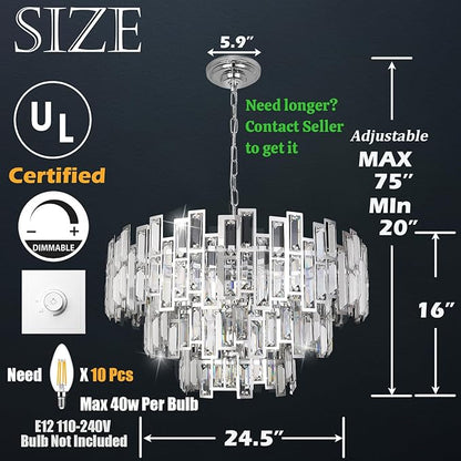 Chrome Crystal Chandelier Lighting 24.5'' for Dining Rooms Bedroom Foyer Entryway Ceiling Hanging Pendant Chandelier Light Fixture Lamp