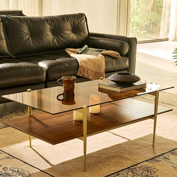 AGV LIGHTING Tadio Large Glass Coffee Table, Mid-Century Modern Coffee Table for Living Room, Gold Finish Leg, Coffee Brown Glass Top & Walnut Brown Shelf, 47 in
