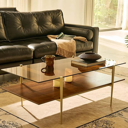 AGV LIGHTING Tadio Large Glass Coffee Table, Mid-Century Modern Coffee Table for Living Room, Gold Finish Leg, Coffee Brown Glass Top & Walnut Brown Shelf, 47 in