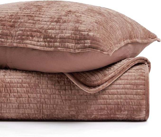 EVERGRACE Velvet Quilt Set King Size, Luxurious Soft Quilted Bedding Sets, Lightweight Velvet Comforter for All Season, Striped Channel Bedspread Coverlet with 2 Shams, Terracotta Clay