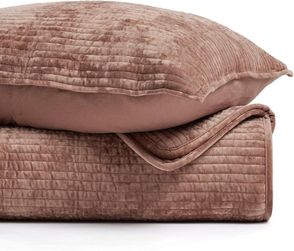 EVERGRACE Velvet Quilt Set Queen Size, Luxurious Soft Bedding Sets, Lightweight Velvet Comforter for All Season, Striped Channel Bedspread Coverlet with 2 Shams, Terracotta Clay