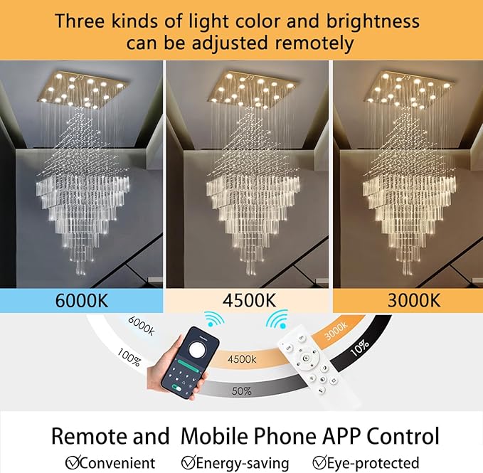 W40 x H120 Glam Chandelier with LED Bulbs Square Chandeliers, Crystal Raindrop High Ceiling Pendant Light for Entrance Large Villa Foyer Lighting Fixtures Gold