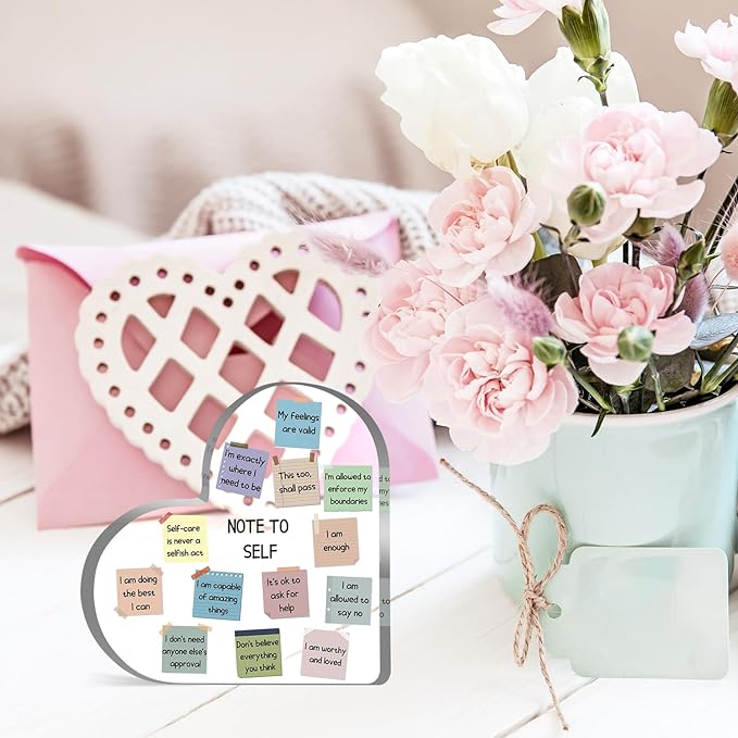 Note to Self Motivational Decor - Office Acrylic Heart Gift Therapy Mental Health Print Decorations for School Counseling Office Therapy Desktop Art Decoration School Counselor, Therapist Office Gifts