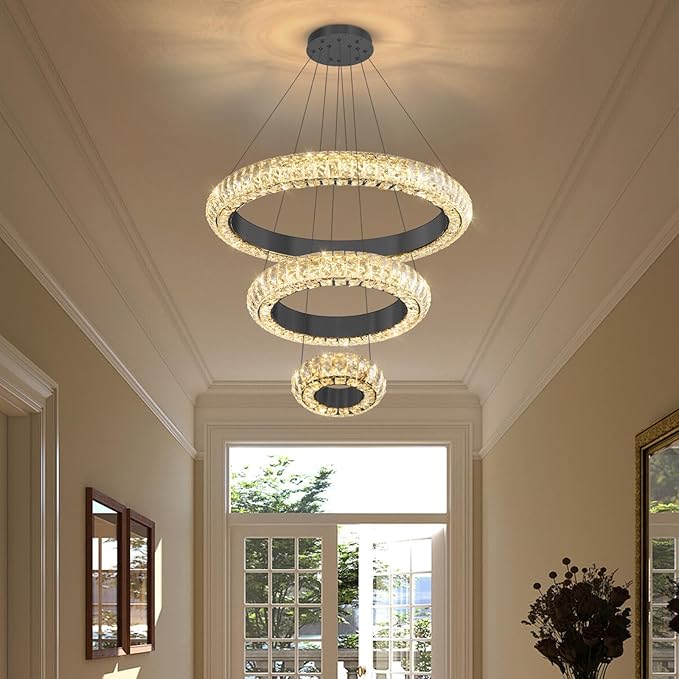 23.6" 3 Ring Crystal Chandelier Modern LED Dimmable Ring Pendant Light Round Chandelier for Dining Room Living Room Black