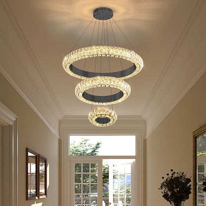 23.6" 3 Ring Crystal Chandelier Modern LED Dimmable Ring Pendant Light Round Chandelier for Dining Room Living Room Black