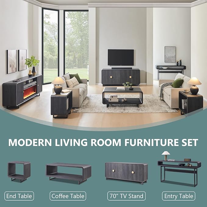 48" Modern Coffee Table, 2-Tier Minimalist Center Table with Storage Shelf, Curved Profile Design, Wooden Rectangular Living Room Table w/Wood Thick Design for Living Room, Office, Dark Grey